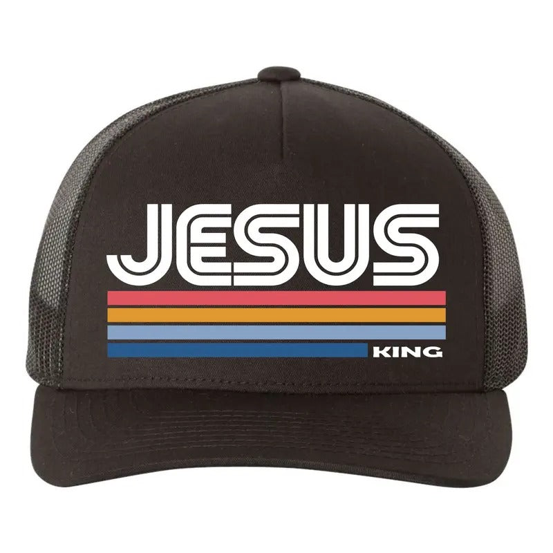 Retro Jesus King Christian Catholic Faith King of Kings Lord of Lords Adult 5-Panel Curved Brim Snapback Trucker Hat