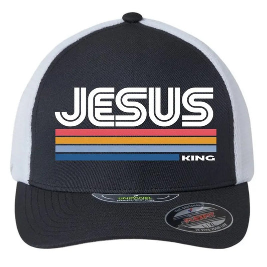 Retro Jesus King Colorful Christian Catholic Kings of Kings Lord of Lords Flexfit Unipanel Trucker Hat Cap