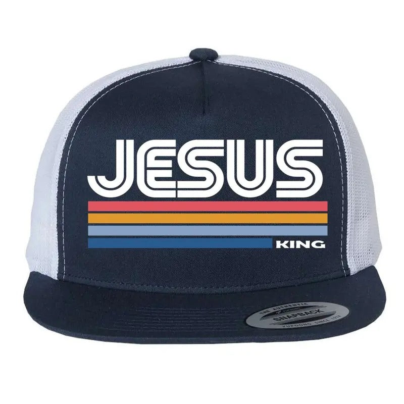 Retro Jesus is King Christian Catholic Faith Flat Bill Trucker Hat Snapback Black Caps Classic Snapback Snapback Baseball Cap