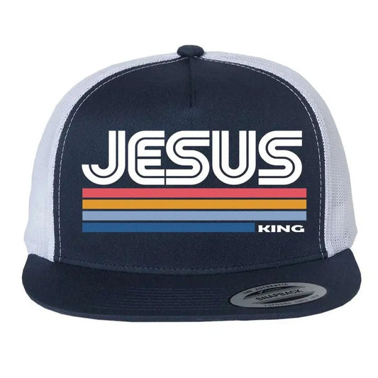 Retro Jesus is King Christian Catholic Faith Flat Bill Trucker Hat Snapback Black Caps Classic Snapback Snapback Baseball Cap