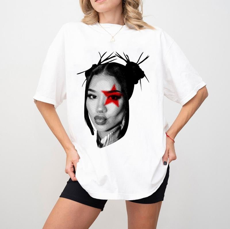 Retro Jhene Nay Red Star Big Face Style Rap Tee Shirt Cotton Streetwear