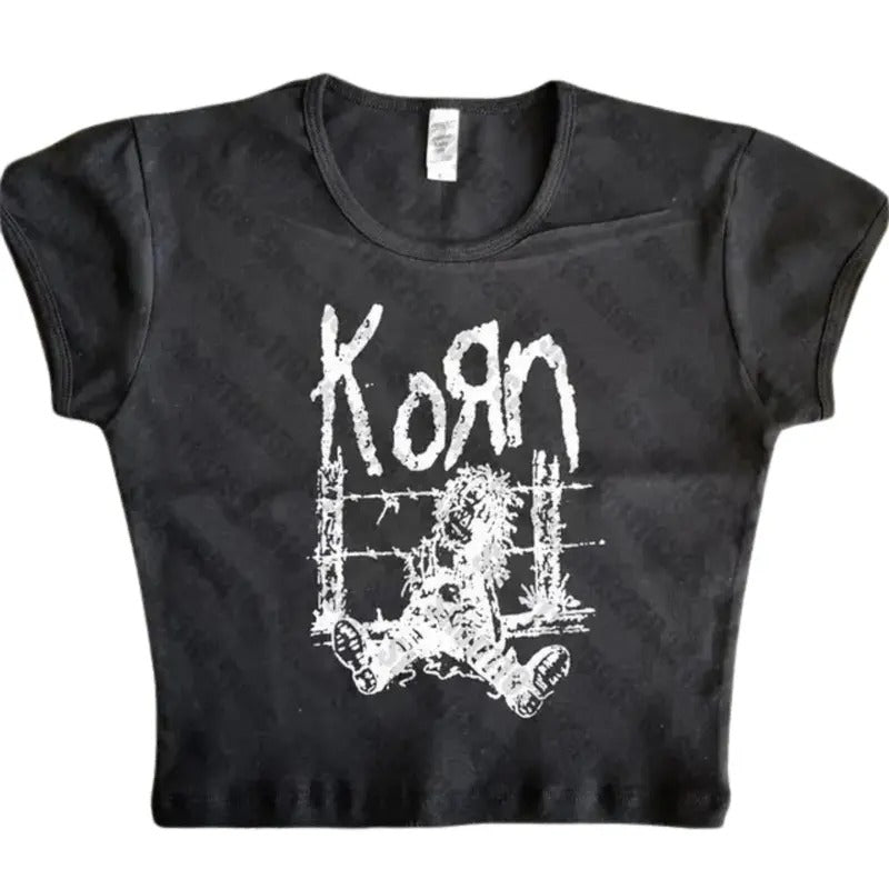 Retro Korn Rock Band Baby Tee, Y2k Top Women Streetwear, Grunge 2000s, Casual Cotton Short Sleeve, Women Fitted T-Shirt, Gothic Emo Girl