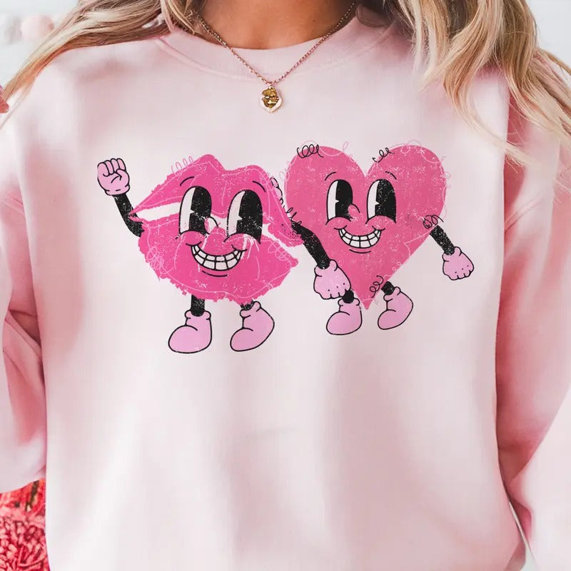 Retro Lip and Heart Valentine Sweatshirt Vintage Lip and Heart Friendship Pullover Sweet Lips Valentine Top Womens Casual Retro Valetine Sweatshirt Pink Heart Valentine Pullover