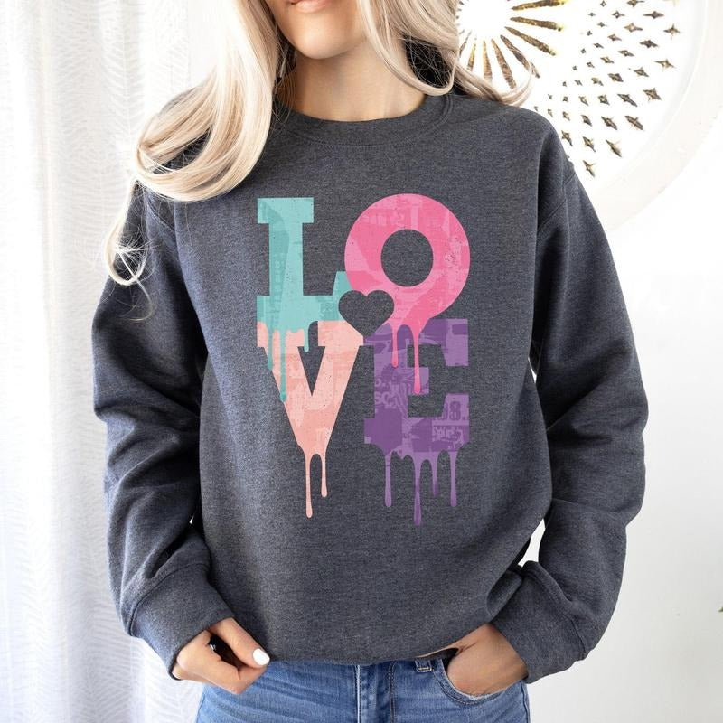 Retro Love Dripping Paint, Sweatshirt, Valentine's Day, Crew Neck, Women's, Crewneck, Valentine's Day, Love, Heart, Cupid