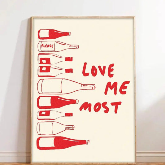Retro Love Me Most Doodle Print Wall Art, Red Crayon Sketch Print, Wine Doodle Print, Kitchen Wall Print, Dorm Wall Art, Poster Prints No Frame, Wall Decoration, Gifts For Birthday Landscape Ornaments