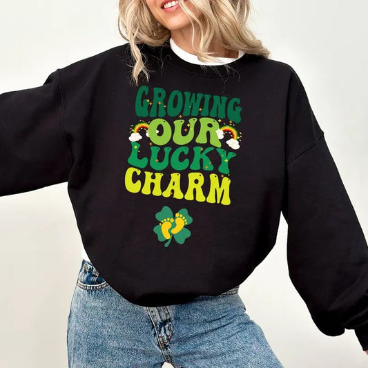 Retro Lucky Charm St Patrick's Pregnancy Maternity Shirt Sweatshirt Hoodie, Growing Our Lucky Charm Pregnancy Announcement Reveal Tee, Baby Shower Maternity, Lucky Mama