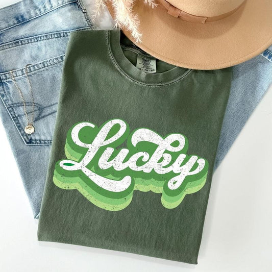Retro Lucky, Vintage Style, St Patrick's Day Comfort Colors Tshirt, Women's Crew Neck, Crewneck