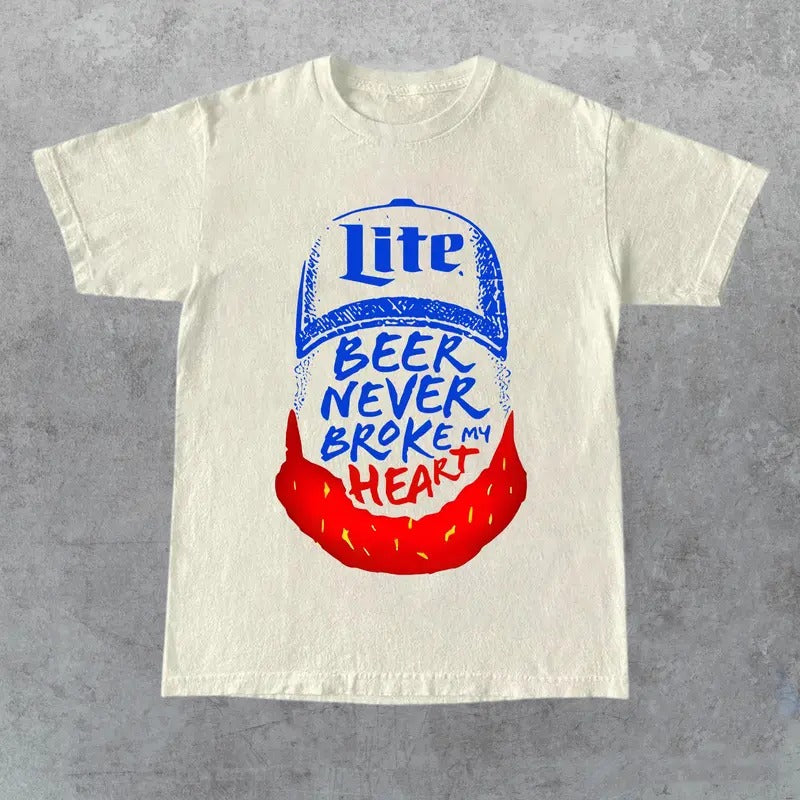 Retro Luke Combs Beer Never Broke My Heart Tee, Front and Back Print, Unisex Apparel, Relaxed Fit, USA-Made, Trendy Shirts for Everyone, Gift for Her, Gift for Him, Gift for Friend