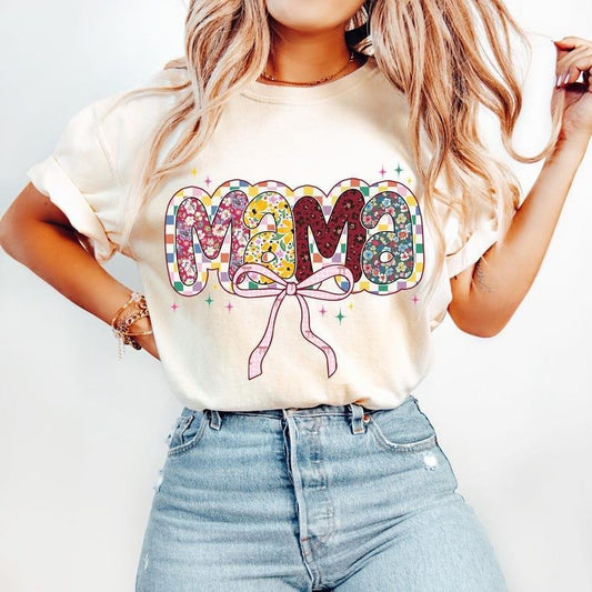 Retro Mama Coquette Bow tshirt-sweatshirt-hoodie, Mama Checkered sweatshirt, Floral Mama hoodie, Mama Varsity tshirt, Pink Mama sweatshirt, Mama hoodie, Mama Bow sweatshirt, Mama Shirt T-shirt