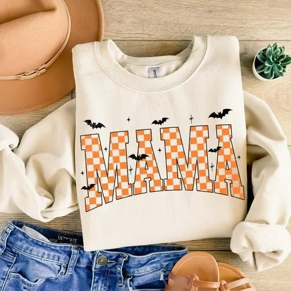 Retro Mama Halloween Shirt, Halloween Mama Varsity Sweatshirt, Mom Life Tee,  Retro Checkered Halloween Shirt