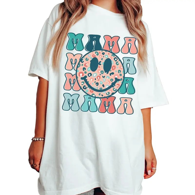 Retro Mama Shirt, Smiley Face Mama Shirt, Mama Tshirt, Pregnancy Announcement Shirt, Unisex T-Shirt, Gifts For Mother Mom From Daughter Son, Short Sleeve Tee Shirt, Gifts Ideas For Mommy, Gifts For Birthday
