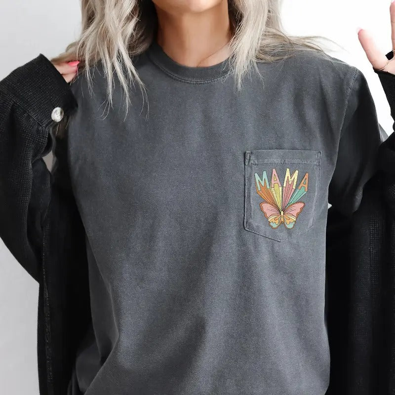 Retro Mama, Butterfly, Hippie, Pocket Tee, Women's Comfort Colors Tee