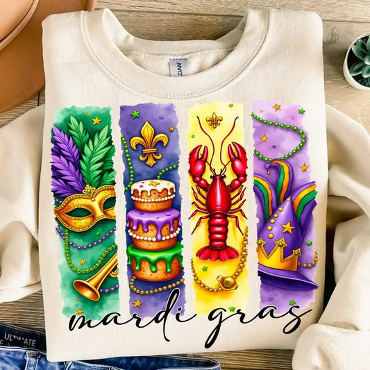 Retro Mardi Gras Tshirt Sweatshirt Hoodie, Fleur De Lis Shirt, Mardi Gras Coquette, King Cake Shirt, Louisiana Crawfish, Unisex Sweater Pullover Tee