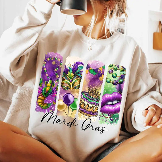 Retro Mardi Gras Tshirt Sweatshirt, Fleur De Lis, Brushstroke Mardi Gras Shirt, Gras Coquette, Louisiana Crawfish Shirt, Unisex Sweater Pullover Tee