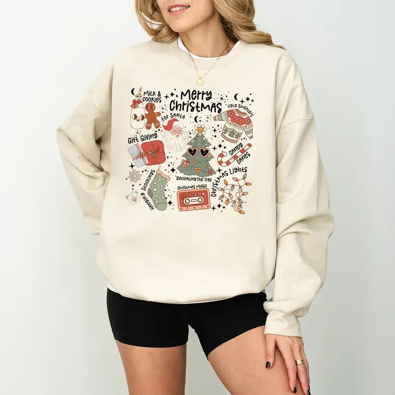Retro Merry Christmas T-Shirt, Cute Holiday Santa Sweatshirt, Cute Xmas Doodles Sweater, Gift For Christmas