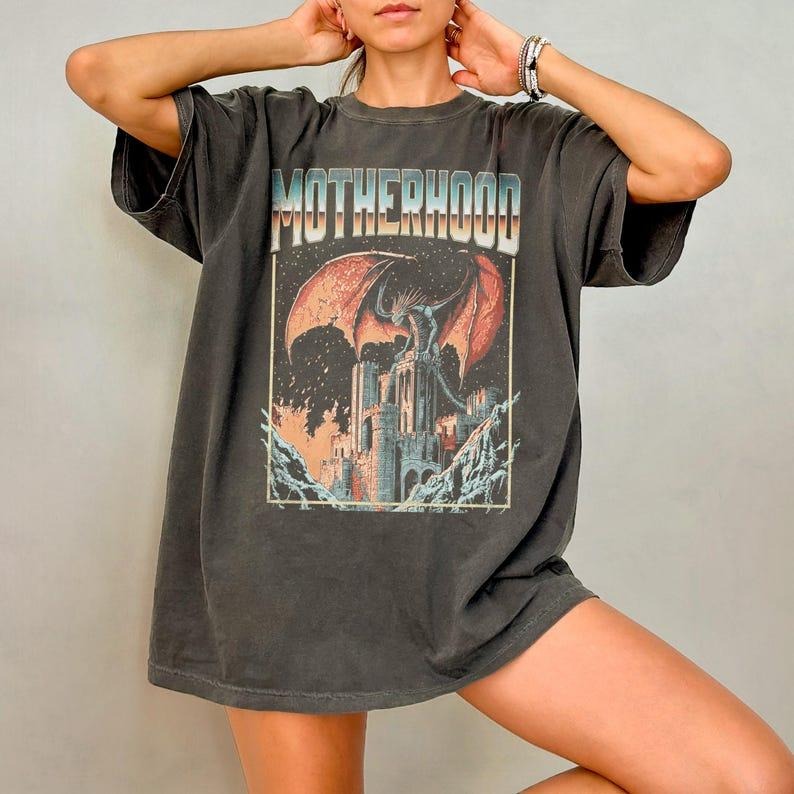 Retro Motherhood Shirt, Funny Mom T-Shirt Gift For Mother's Day, 90s Dragon Dark Fantasy Graphic Tee, 80s Vintage Mama Tshirt, summer see tshirt Womenswear