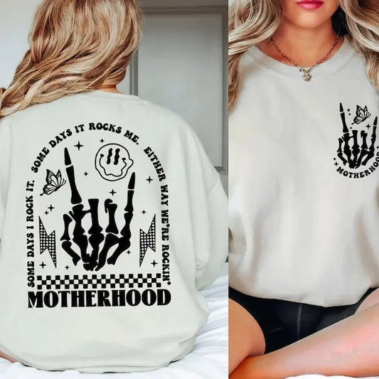 Retro Motherhood Sweatshirt, Skeleton Hand Hoodie, Motherhood Rock Skeleton Sweatshirt, Mom Life Shirt, Funny Mothers Day,Mama Crewneck