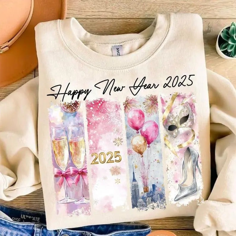 Retro New Year 2025 Sweatshirt, Hoodie, T-Shirt, New Year Shirt, Disco Ball Shirt, Pink Gold Glitter, Brushstroke Shirt, New Year New Me Shirt, Brushstroke, 12 New Chapters