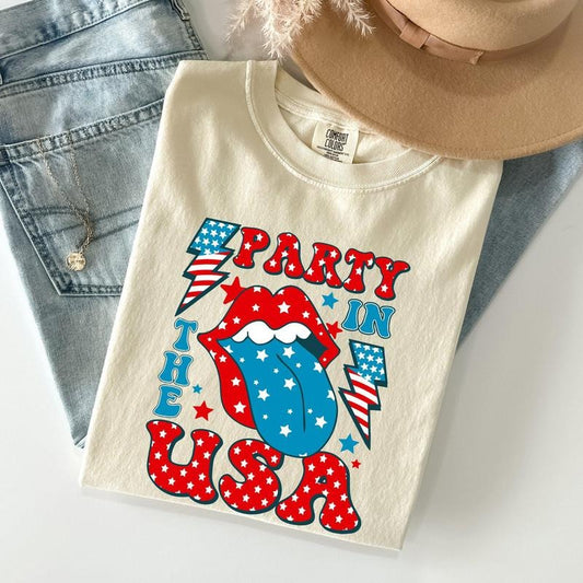 Retro Party In The USA, Tongue, 4th of July Tshirt, Women's Crew Neck, Crewneck
