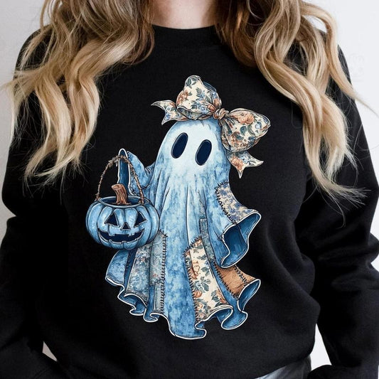 Retro Patchwork Ghost Halloween Sweatshirt, Cute Coquette Boo Pullover, Spooky Season Fall Pumpkin Crewneck