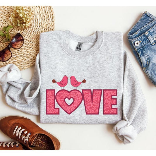Retro Pink Love Birds Sweatshirt, Vintage Valentine's Day Sweatshirt, Crew Neck, Women's, Crewneck, Valentine's Day, Love, Heart, Cupid