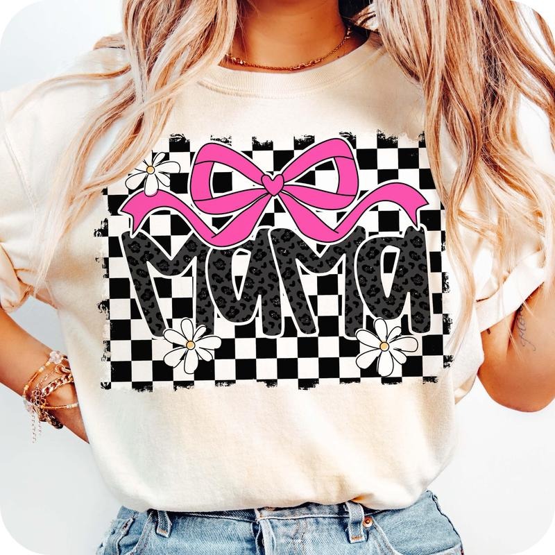 Retro Pink Mama Coquette Bow T-Shirt, Mama Checkered T-Shirt, Mama Varsity T-Shirt, Mama T-Shirt, Mothers Day T-Shirt, Mama Leopard T-Shirt