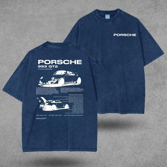 Retro Porsche 993 GT2 Car Tee - Mineral Wash T-Shirt for Car Lovers, Car Enthusiast Shirt, Car Clothing, Unisex, Vintage car shirt Cotton Fit