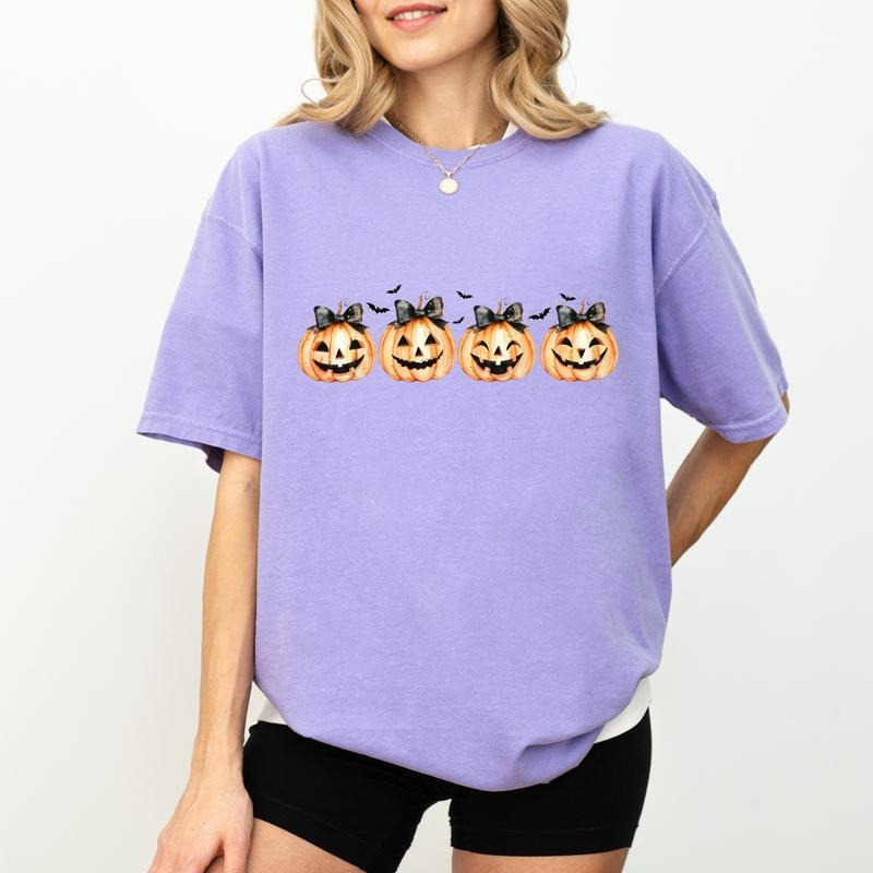 Retro Pumpkin Tee, Coquette Halloween Pumpkin Bow Graphic Shirt, Spooky Season Unhinged Shirt, Funny Shirt For Women, Spooky Vibes T-shirt, Gift Shirt For Women, Comfy Fabric Graphic Tee, Women's Tops, Womenswear, Cotton Fabric Relaxed Fit Chic Style