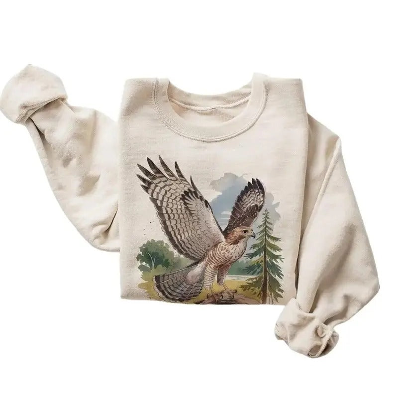 Retro Red Tailed Hawk Wings Spread Birding Sweatshirt - 90s Vintage Birds Of Prey Forest Nature Scene Cotton Pullover Menswear Day