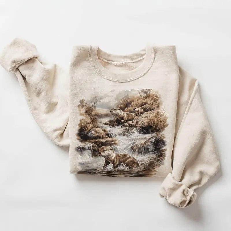 Retro River Otters Waterfall Scene Sweatshirt - 90s Vintage Otter Mustelids Wildlife Pullover Cotton Hoodie