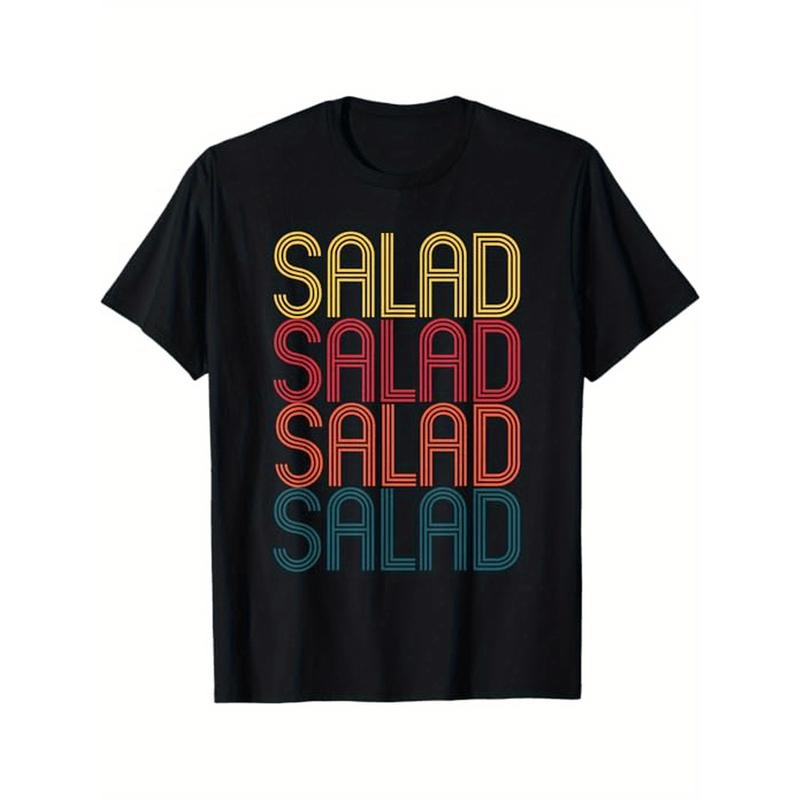 Retro Salad Print T-Shirt - 100% Cotton, Casual Crew Neck, Short Sleeve, All-Season Comfort, Slight Stretch, No Padding, Knit Fabric, Hot Stamped, Regular Fit, for Adults - Ideal for Salad Lovers, Thanksgiving, Christmas, New Year Gift - Black Made in USA