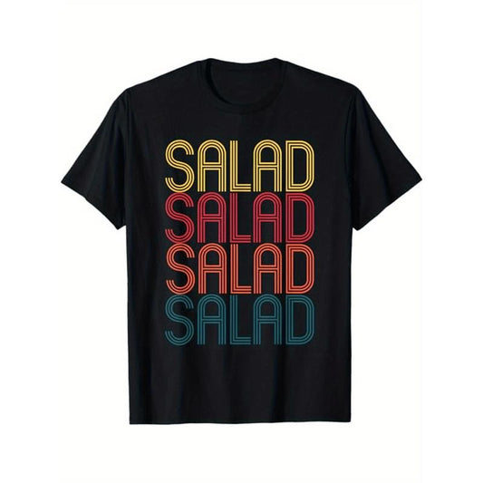 Retro Salad Print T-Shirt - 100% Cotton, Casual Crew Neck, Short Sleeve, All-Season Comfort, Slight Stretch, No Padding, Knit Fabric, Hot Stamped, Regular Fit, for Adults - Ideal for Salad Lovers, Thanksgiving, Christmas, New Year Gift - Black Made in USA