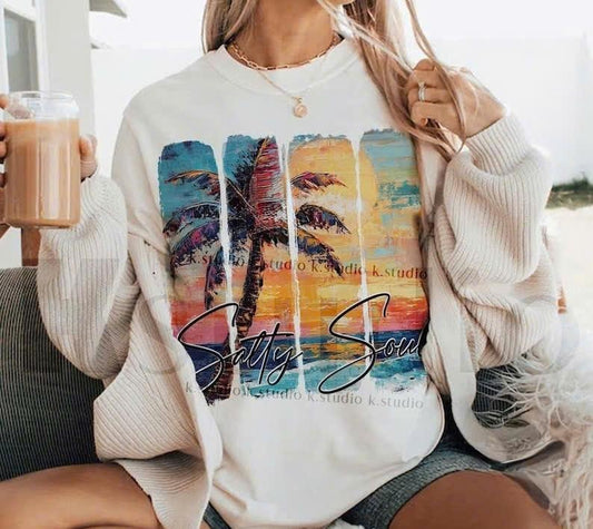 Retro Salty Soul Summer Vibes Tee, Summer Beach Shirt, Salty Summer Sea Salt Sand Vacation Gift