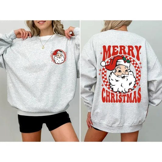 Retro Santa Checkered, Front and Back, Merry Christmas, Winter, Snow, Xmas Sweatshirt, Women's Crew Neck, Crewneck