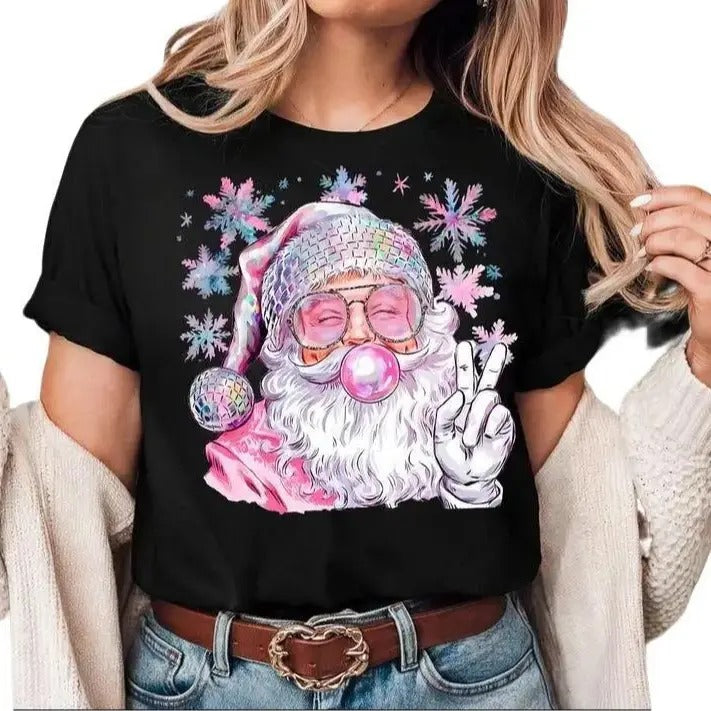 Retro Santa Christmas Blowing Bubble Shirt, Funny Xmas,Pink Santa Christmas Tshirts, Gift For Women and Man, Top Womenswear