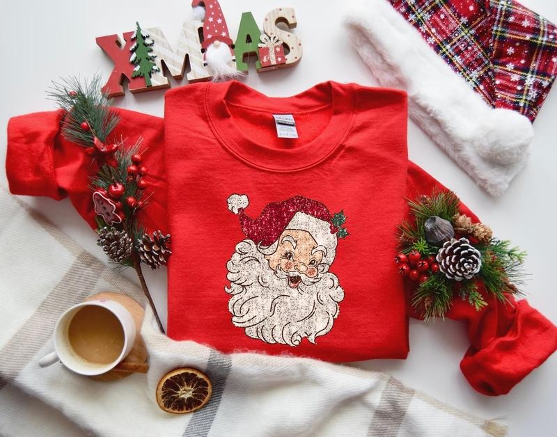 Retro Santa Sweatshirt, Faux Sequin Christmas Shirt, Holiday Sweaters, Christmas Sweatshirt, New Year Hoodie, Christmas Gift, Womens Christmas Clothes Sleeve