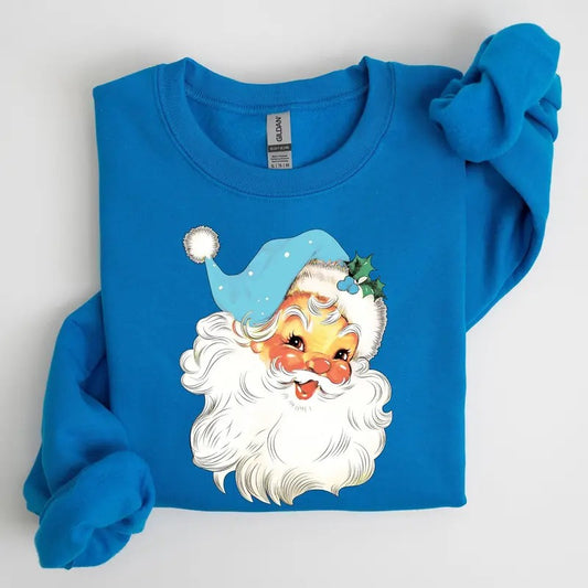 Retro Santa, Blue, Classic, Twinkle, Christmas, Winter, Xmas Sweatshirt, Women's Crew Neck, Crewneck