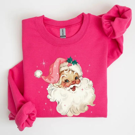 Retro Santa, Pink Christmas Sparkles, Vintage, Winter, Snow, Xmas Sweatshirt, Women's Crew Neck, Crewneck