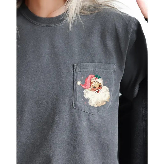 Retro Santa, Sparkles, Pocket, Pink Hat, Christmas, Winter, Snow, Xmas Pocket Tee, Women's Comfort Color Tee, Tshirt