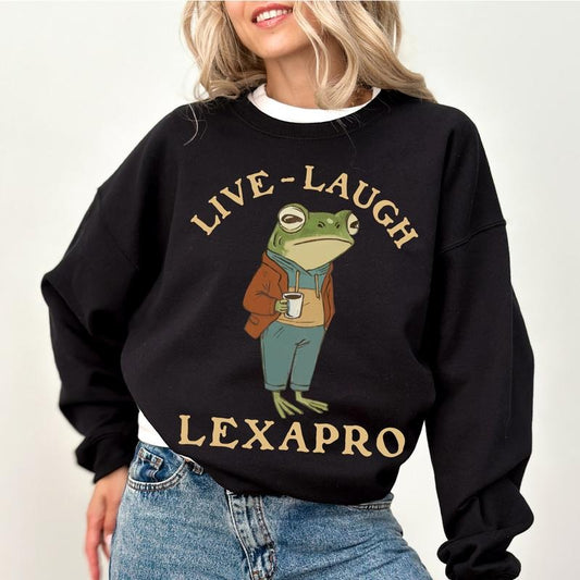 Retro Sarcastic Live Laugh Sweatshirt, Mental Health Awareness Crewneck, Funny Meme Frog Long Sleeved Pullover, Sarcastic Women Clothing
