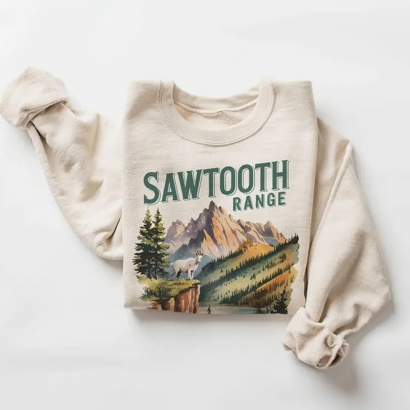 Retro Sawtooth Mountain Range Sweatshirt 90s Vintage Mountain Goat Idaho Mountains Wilderness - Boho Unisex T-shirt Hoodie Cotton Menswear