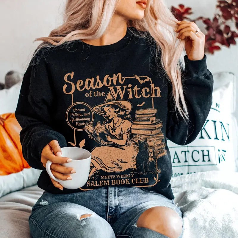 Retro Season Of the Witch Sweatshirt, Salem Book Club Sweatshirt, Witchy Stuff, Salem Bookish Halloween Crew Neck, Fall Book Lover Sweater