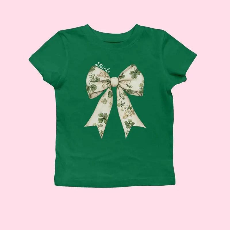 Retro Shamrock Baby Tee, Slainte Crewneck, Toile De Jouy St Patrick's Day Baby Tee, Y2K 2000's Style, Streetwear Style