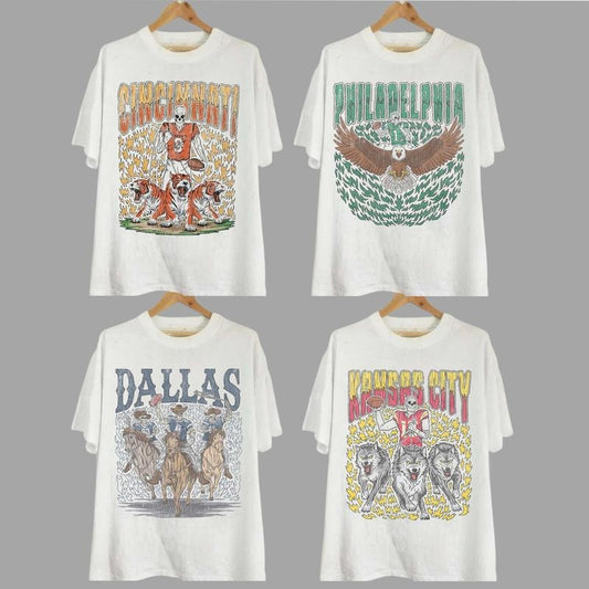 Retro Skeleton All Teams Football T-shirt, Gildan 5000 Unisex Crewneck Sport Classic T-Shirt All Teams Football, White Menswear Soft Tee