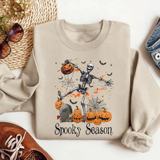 Retro Skeleton Dancing Halloween Spooky Season Sweatshirt, Skeleton Spooky Season Shirt, Gift For Halloween Funny Fall Halloween Party Shirt