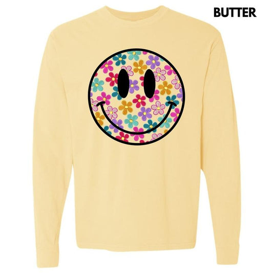 Retro Smiles & Flowers Long Sleeve Comfort Colors T-Shirt 'NLB'