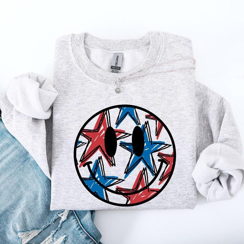 Retro Smiley, Patriotic, USA, America, 4th of July Sweatshirt, Crew Neck, Women's, Crewneck