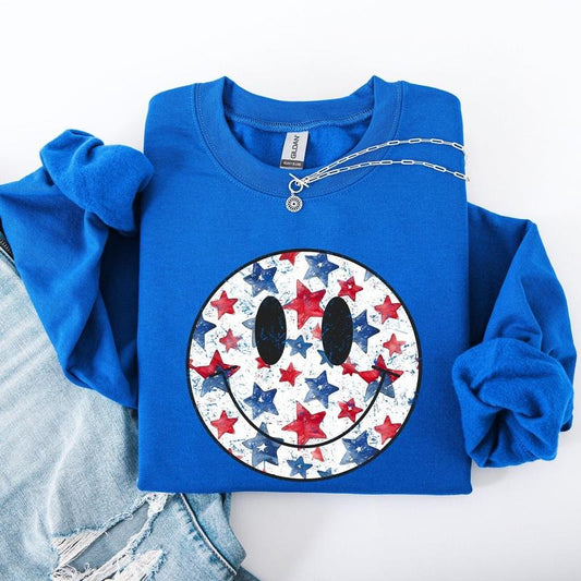 Retro Smiley, Vintage, Patriotic, America, USA, 4th of July Sweatshirt, Crew Neck, Women's, Crewneck