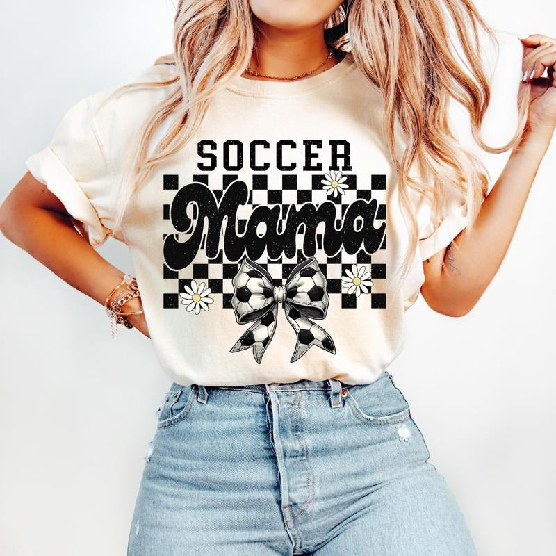 Retro Soccer Mama Checkered T-Shirt, Soccer T-Shirt, Soccer Mom, Game Day T-Shirt, Checkered Mama, Soccer Bow, Soccer Coquette Bow