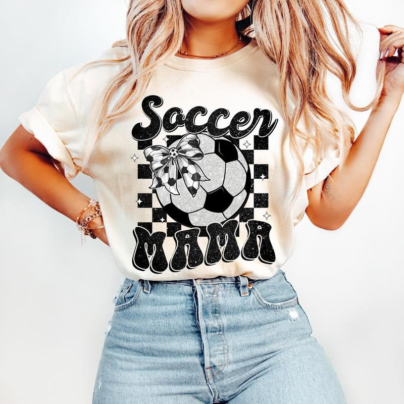 Retro Soccer Mama Coquette T-Shirt, Soccer T-Shirt, Game Day Soccer T-Shirt, Soccer Bow T-Shirt, Soccer Mom T-Shirt, Checkered Soccer Shirt